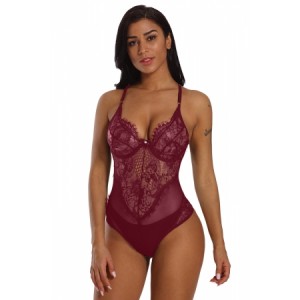 Burgundy Sheer Mesh Lace Cupped Teddy Lingerie Black White